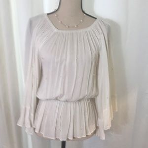 Sheer ecru blouse with pearls